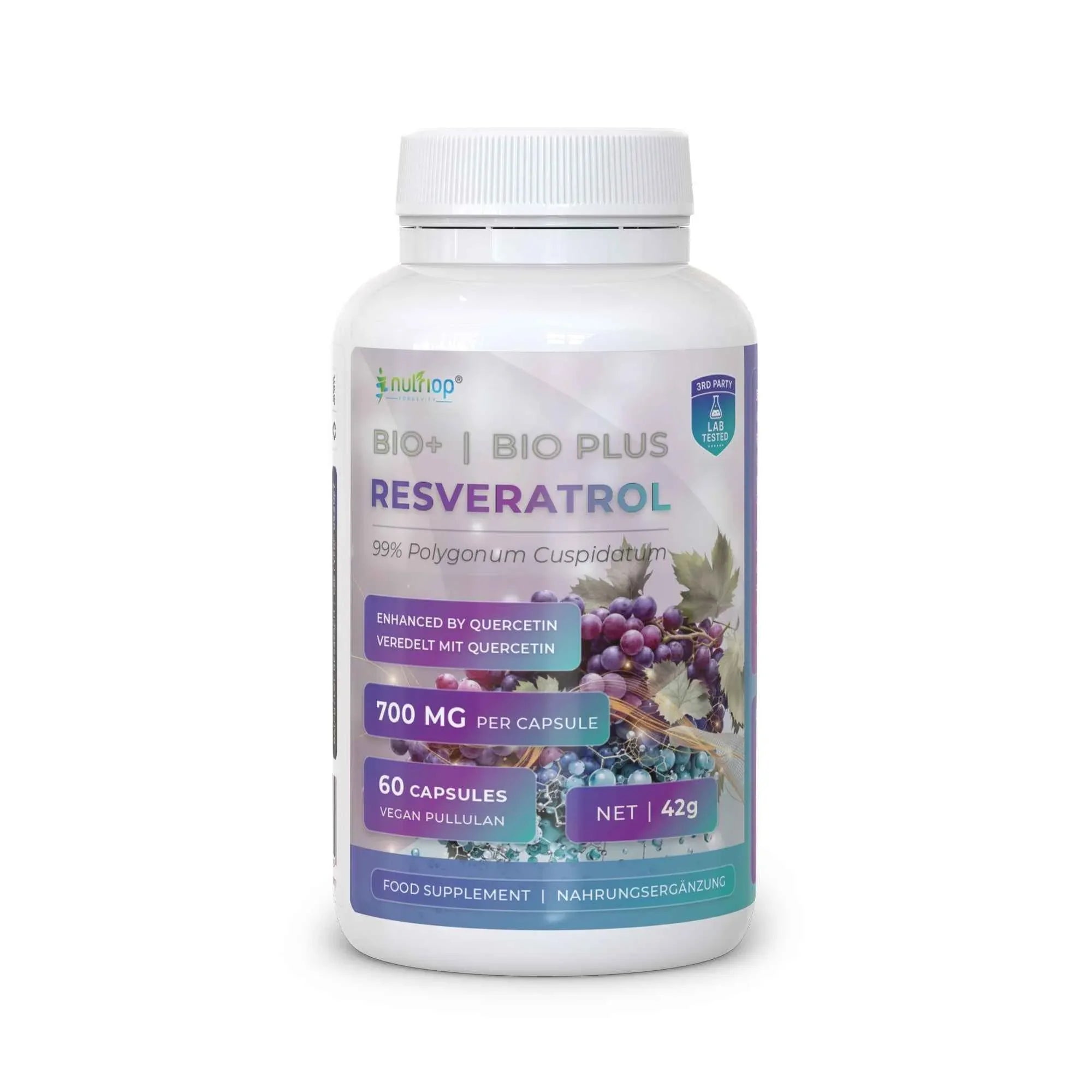 Bio-Enhanced Nutriop Longevity® Resveratrol with Pure Quercetin - 700mg Capsules (x60) - Nutrifeel