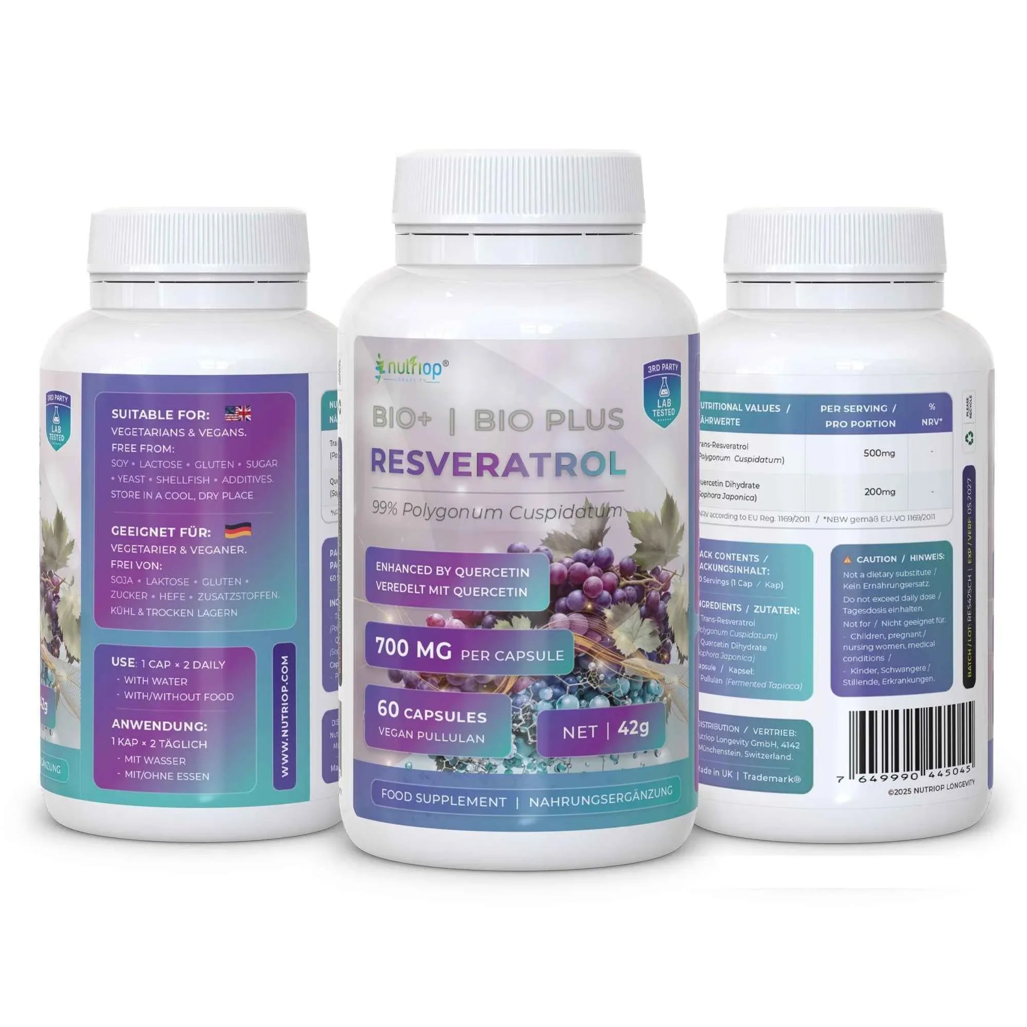 Bio-Enhanced Nutriop Longevity® Resveratrol with Pure Quercetin - 700mg Capsules (x60) - Nutrifeel