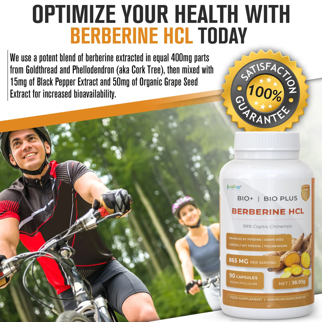Nutriop Longevity® Bio-Enhanced Berberine HCL with Pure Organic Piperine and Grape Seed Extract - 865mg per serving (x45) - Nutrifeel
