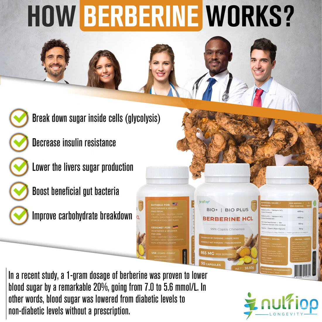 Nutriop Longevity® Bio-Enhanced Berberine HCL with Pure Organic Piperine and Grape Seed Extract - 865mg per serving (x45) - Nutrifeel