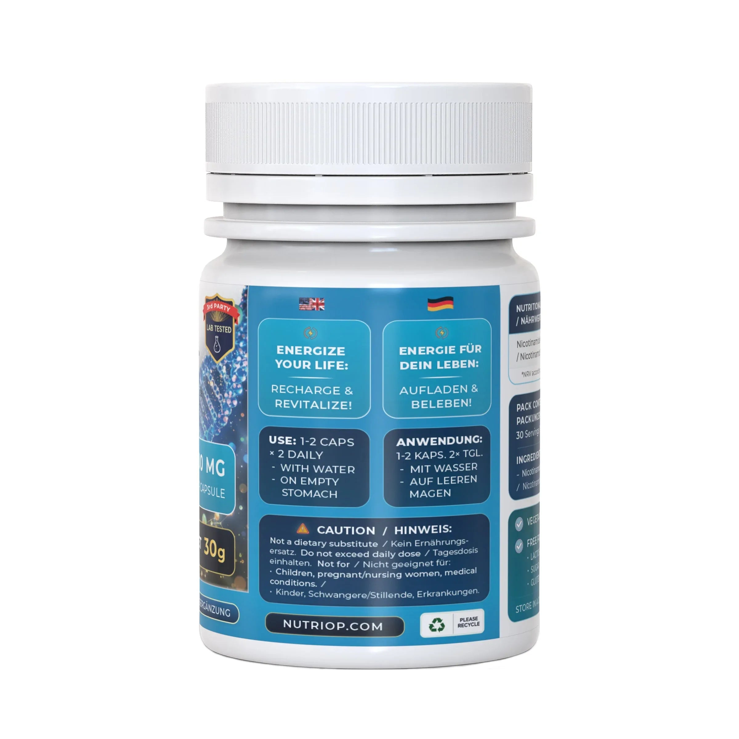 Nutriop Longevity® Pure-NMN Nicotinamide Mononucleotide Extreme Potency 500mg Capsules (x30) - 15 Grams - Nutrifeel