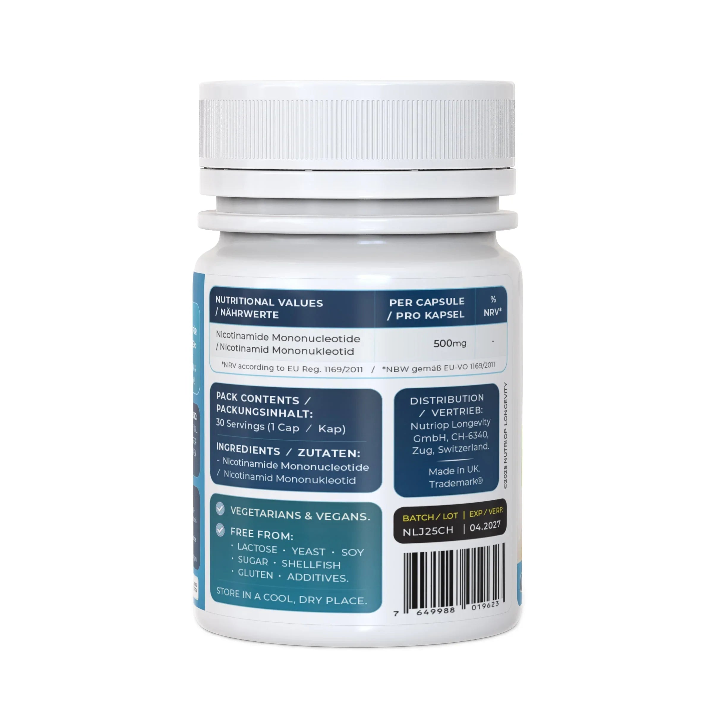 Nutriop Longevity® Pure-NMN Nicotinamide Mononucleotide Extreme Potency 500mg Capsules (x30) - 15 Grams - Nutrifeel