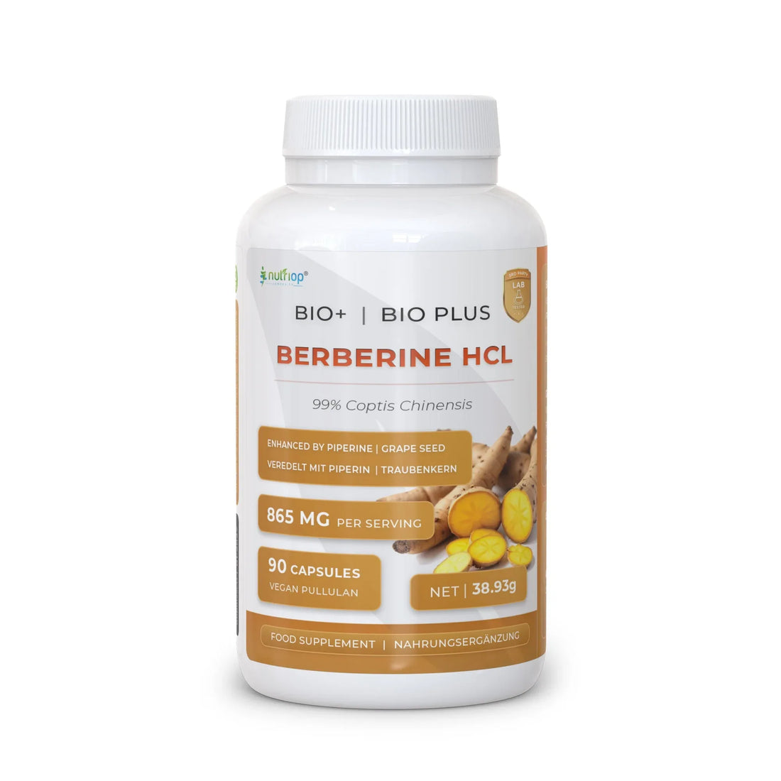 Nutriop Longevity® Bio-Enhanced Berberine HCL with Pure Organic Piperine and Grape Seed Extract - 865mg per serving (x45) - Nutrifeel