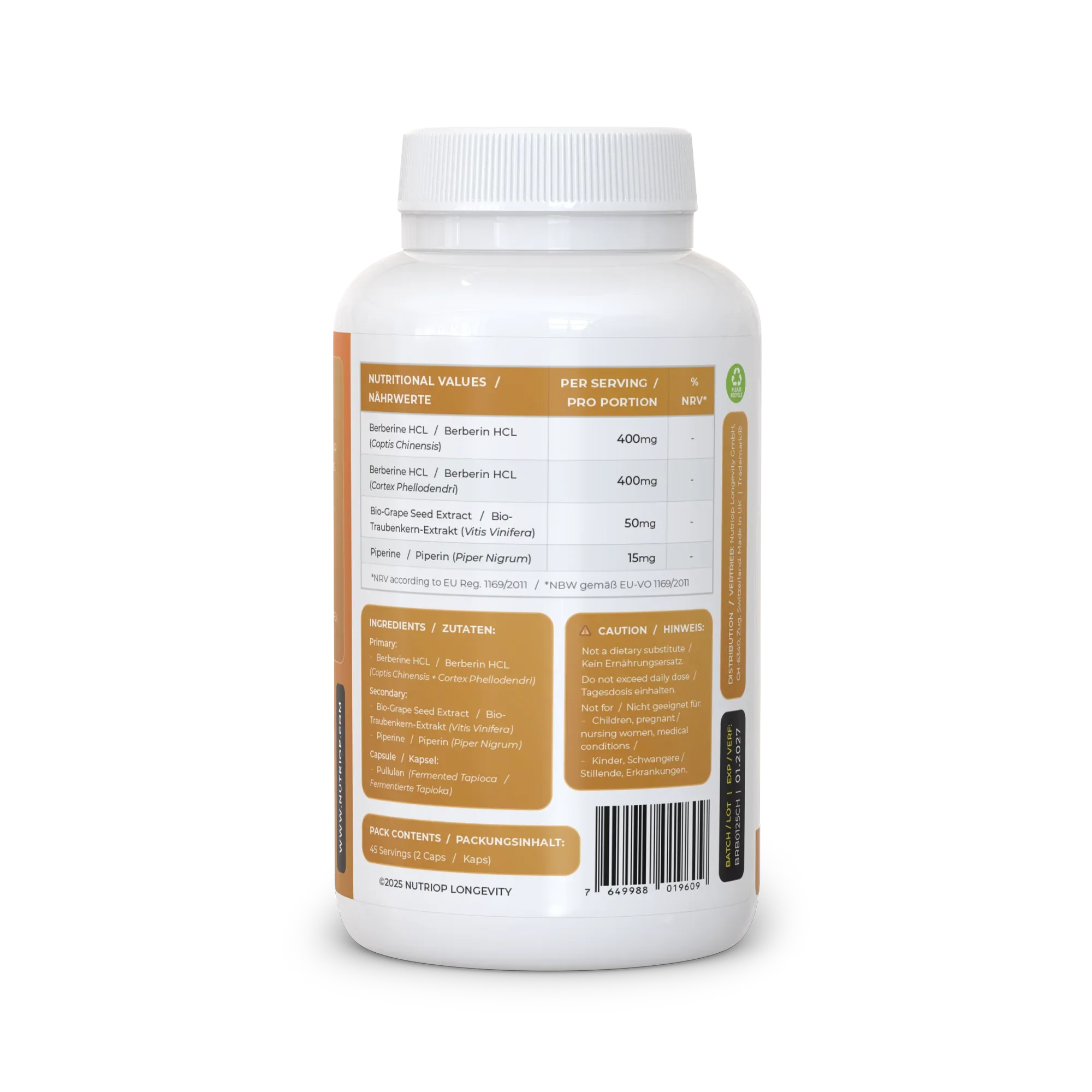 Nutriop Longevity® Bio-Enhanced Berberine HCL with Pure Organic Piperine and Grape Seed Extract - 865mg per serving (x45) - Nutrifeel