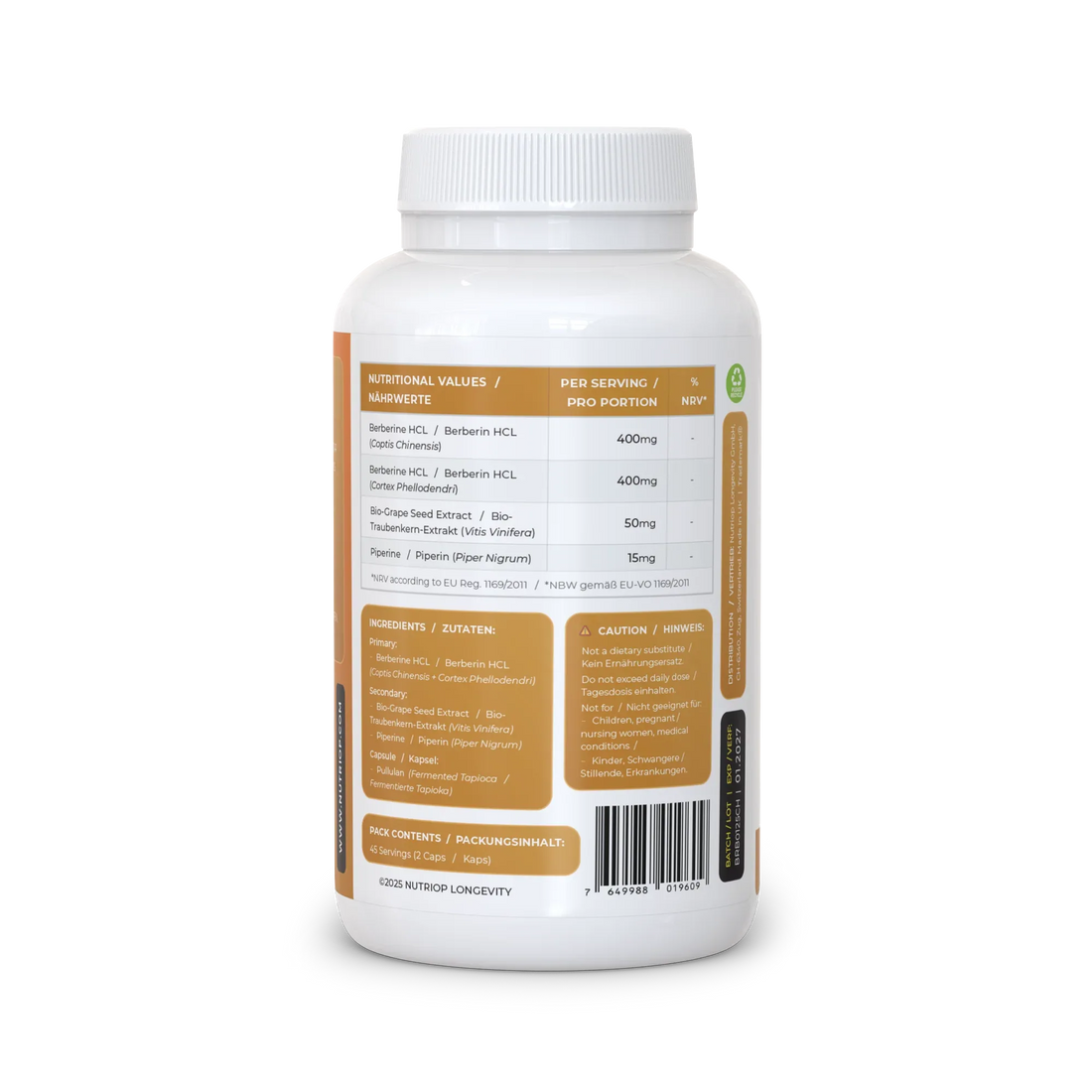 Nutriop Longevity® Bio-Enhanced Berberine HCL with Pure Organic Piperine and Grape Seed Extract - 865mg per serving (x45) - Nutrifeel