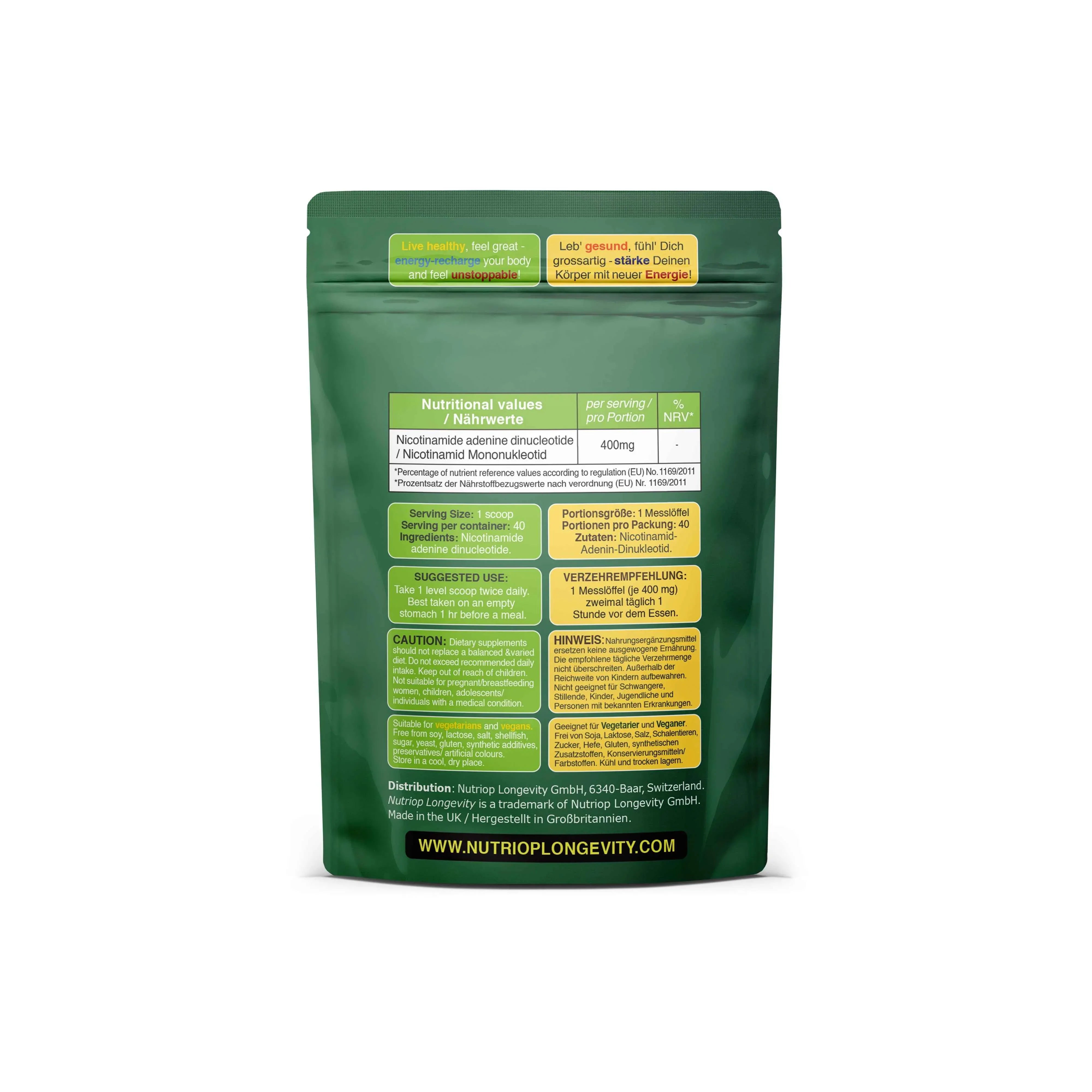 Nutriop Longevity® PURE-NAD+, Nicotinamide Adenine Dinucleotide - Extreme Potency sublingual powder -16 grams - Nutrifeel