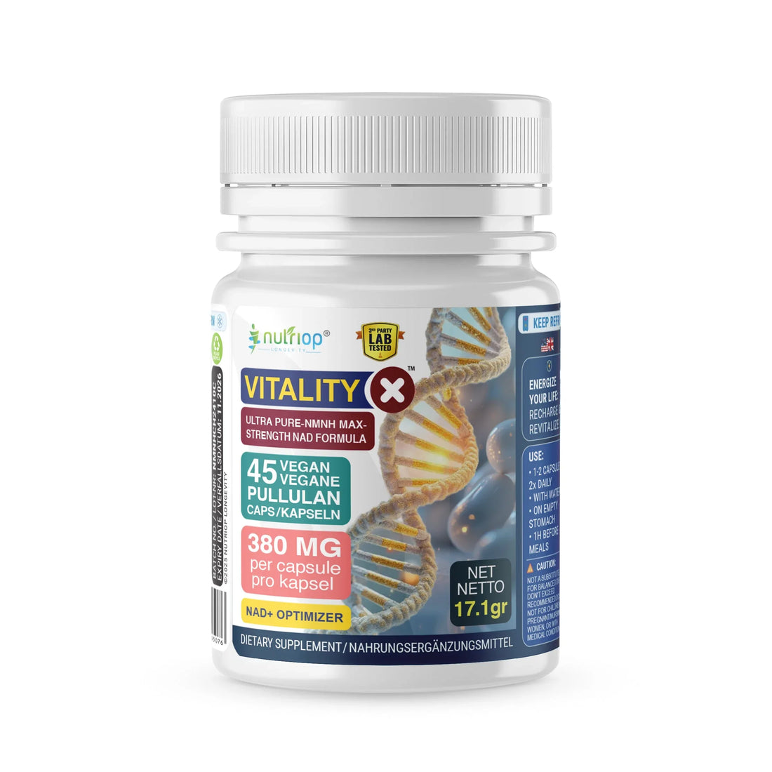 Nutriop Longevity® Vitality-X™ Ultra Pure-NMNH Max-Strength NAD+ Formula | 380mg x 45 Longevity Capsules | 17.10g - Nutrifeel