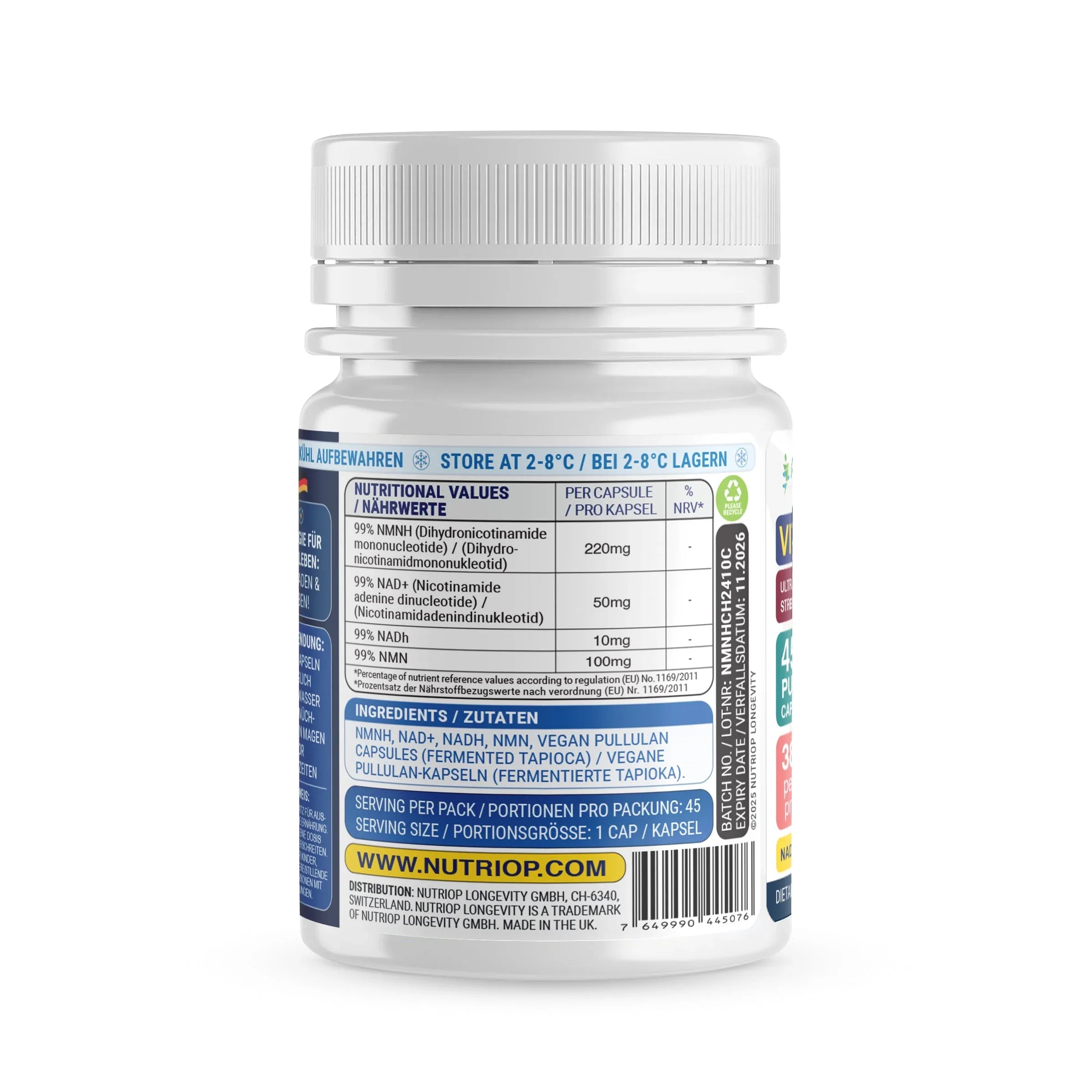 Nutriop Longevity® Vitality-X™ Ultra Pure-NMNH Max-Strength NAD+ Formula | 380mg x 45 Longevity Capsules | 17.10g - Nutrifeel